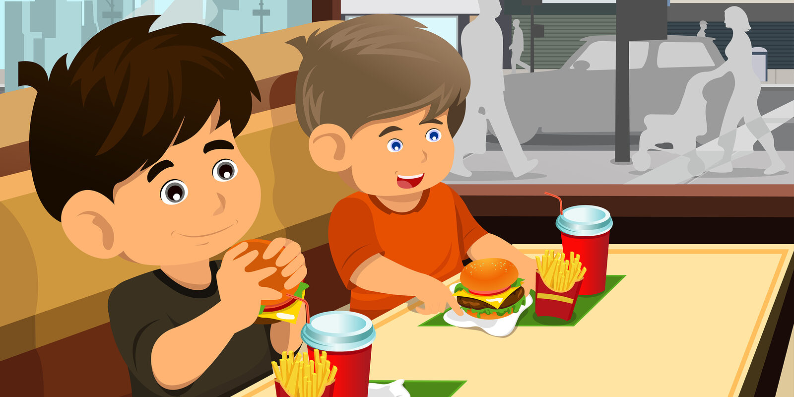 Kids Eating Hamburger And Fries Conversational ordering
