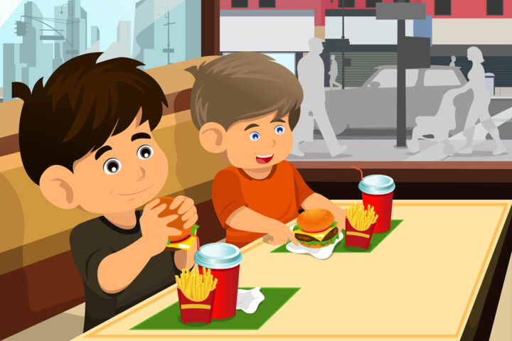Kids Eating Hamburger And Fries Conversational ordering